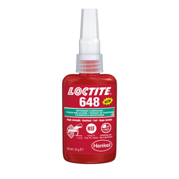 Loctite 648 (Локтайт 648) Henkel – высокопрочный клей для цилиндрических соединений, обладает высокой термической стойкостью, не чувствителен к слегка замасленным поверхностям, быстрый.