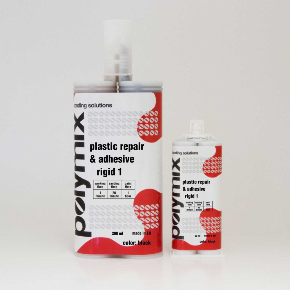 Polymix Adhesive Rigid 1 Black – двухкомпонентный полиуретановый клей ускоренной полимеризации для конструкционного склеивания и ремонта деталей из пластика. Клей идеально подходит для высокопрочного склеивания разнородных материалов. 2К клей смешивается в пропорции 1:1 и отверждается от смешивания компонентов.